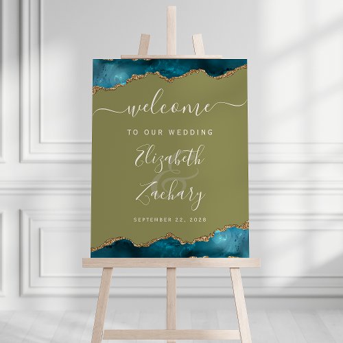 Teal Gold Agate Olive Green Wedding Welcome Foam Board