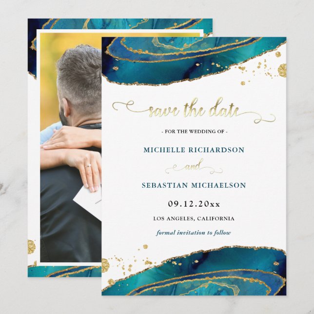 Teal Gold Agate Photo Save The Date Invitation (Front/Back)