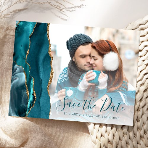 Teal Gold Agate Photo Save the Date Postcard