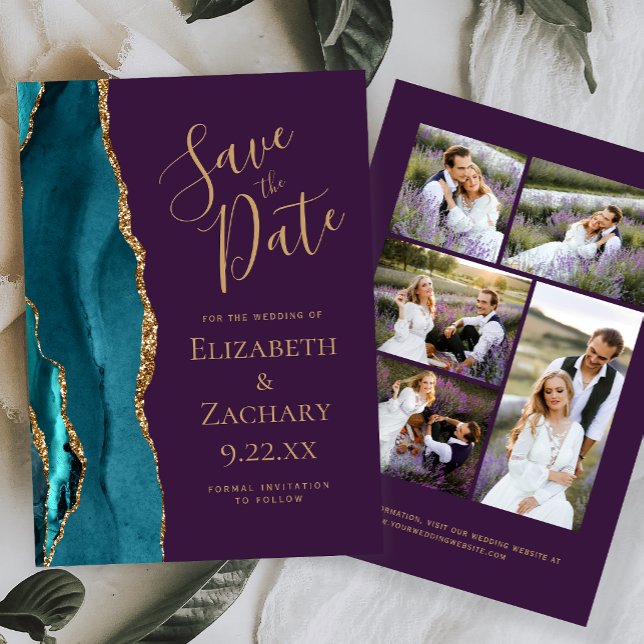 Teal Gold Agate Purple 5-Photo Save the Date Invitation (Creator Uploaded)