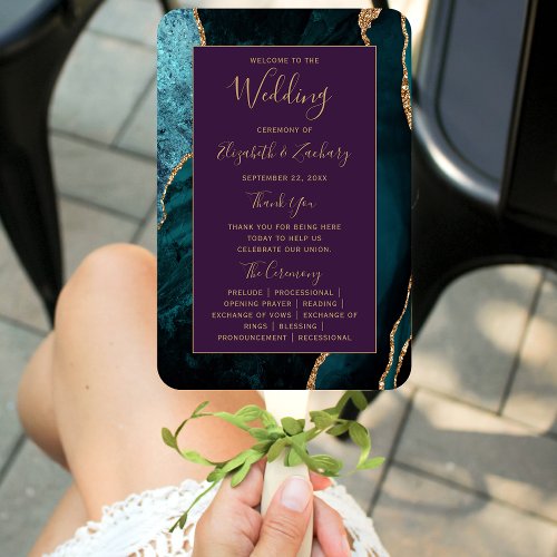 Teal Gold Agate Purple Wedding Program Hand Fan