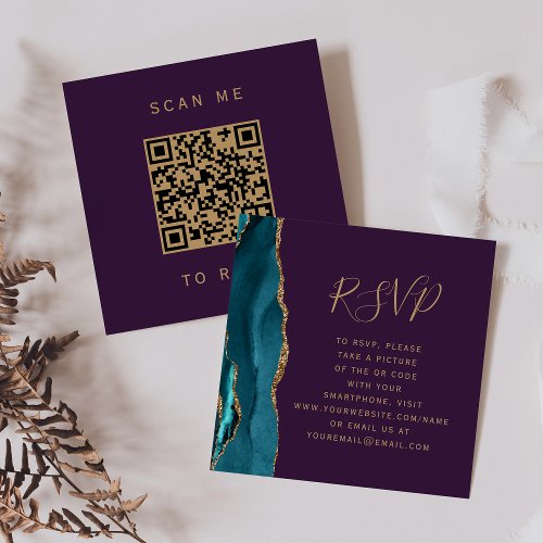 Teal Gold Agate Purple Wedding QR Code RSVP Enclosure Card