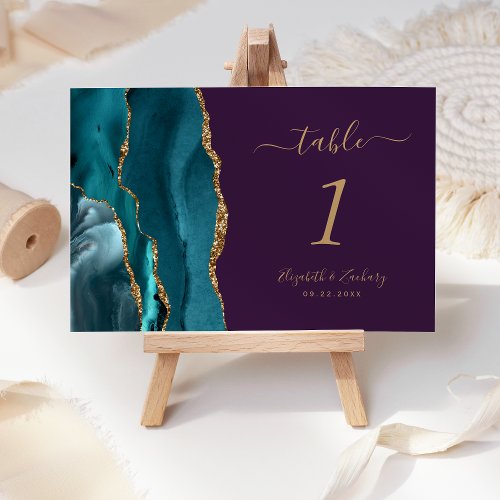 Teal Gold Agate Purple Wedding Table Number