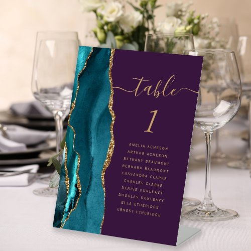 Teal Gold Agate Purple Wedding Table Number Pedestal Sign