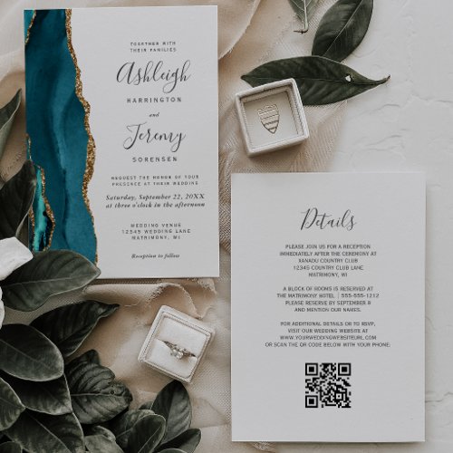 Teal Gold Agate QR Code Wedding Invitation