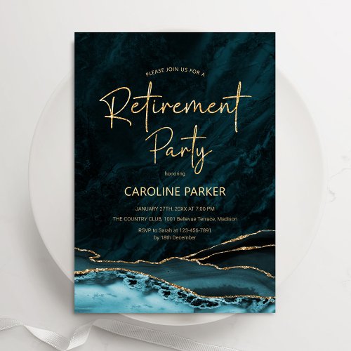 Teal Gold Agate Retirement Party Invitation
