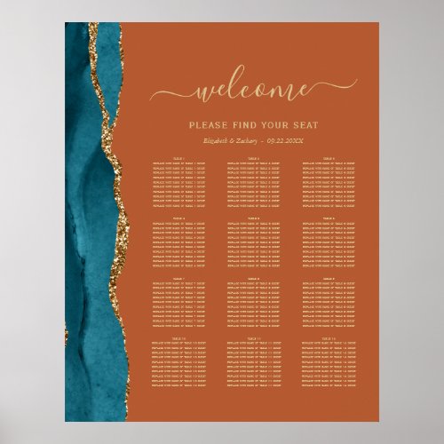 Teal Gold Agate Rust 12_Table Wedding Seating Poster