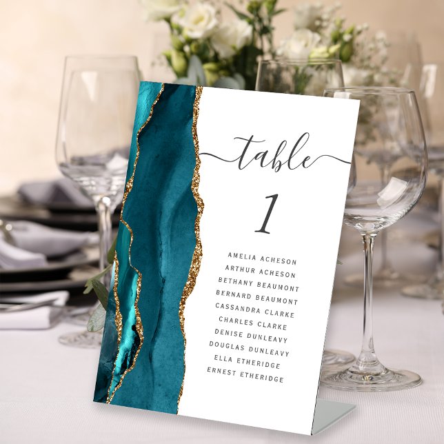 Teal Gold Agate Script Wedding Table Number Pedestal Sign (Creator Uploaded)