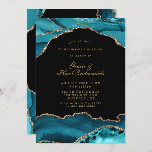 Teal Gold Agate Stone Bridesmaids Luncheon Invites