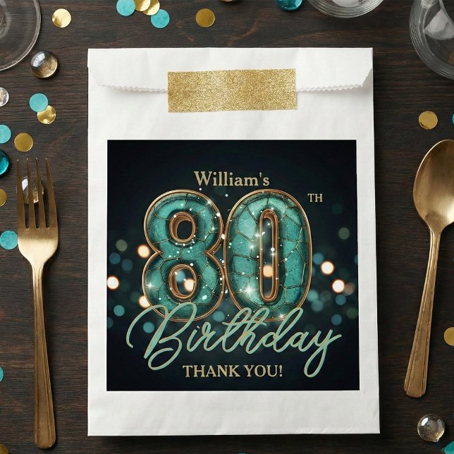 Teal Gold Agate Stone Mosaic 80th Birthday Favor Bag (Creator Uploaded)