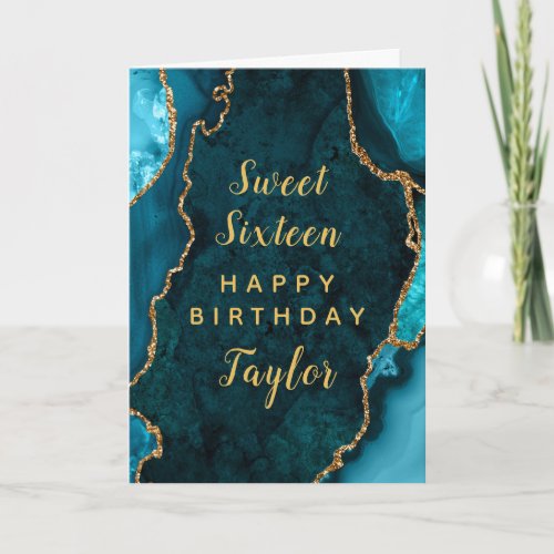 Teal Gold Agate Sweet Sixteen Happy Birthday Card