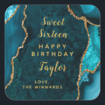 Teal Gold Agate Sweet Sixteen Happy Birthday Square Sticker<br><div class="desc">This elegant and glamorous sticker can be personalized with a name or title such as daughter,  granddaughter,  niece,  friend etc. The design features a teal blue agate marble background with faux gold glitter accents. The text combines handwritten script and modern sans serif fonts for a classy and sophisticated look.</div>
