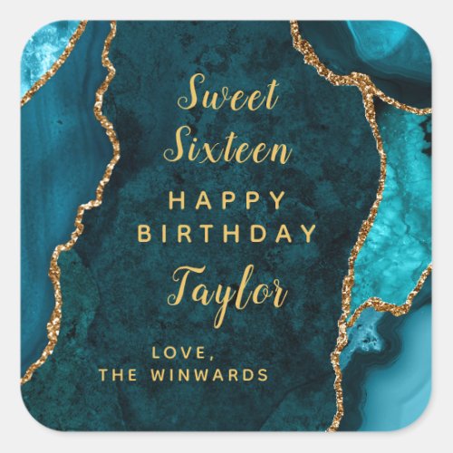 Teal Gold Agate Sweet Sixteen Happy Birthday Square Sticker