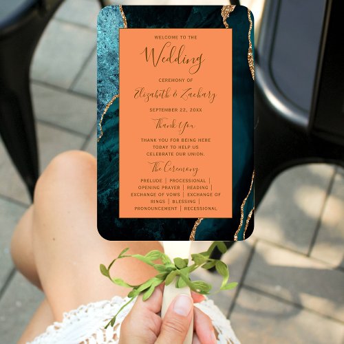 Teal Gold Agate Tangerine Wedding Program Hand Fan