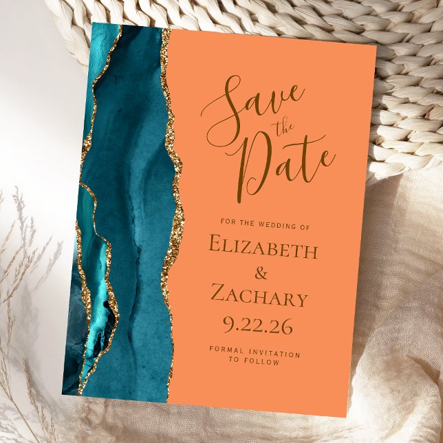 Teal Gold Agate Tangerine Wedding Save the Date Announcement Postcard (Creator Uploaded)
