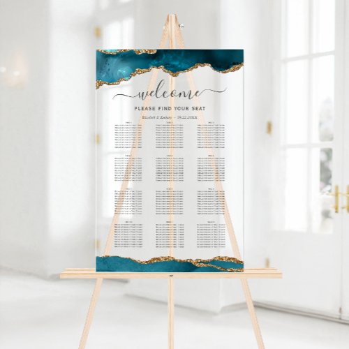 Teal Gold Agate Vertical Wedding Seating Acrylic Sign