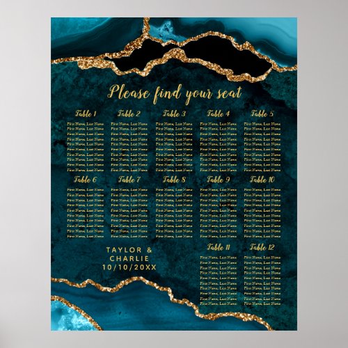 Teal Gold Agate Wedding 12 Tables Seating Chart