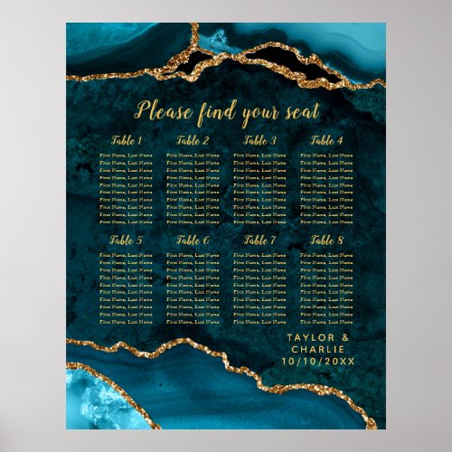 Teal Gold Agate Wedding 8 Tables Seating Chart