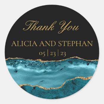 Teal Gold Agate Wedding Favor Thank You  Classic Round Sticker by AnnounceIt at Zazzle
