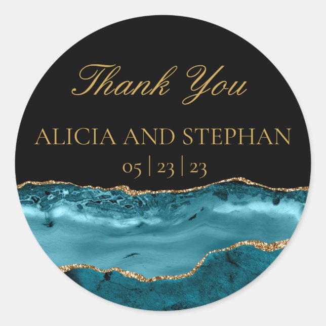 Teal Gold Agate Wedding Favor Thank You  Classic Round Sticker (Front)