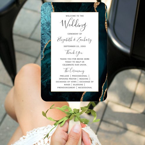 Teal Gold Agate Wedding Program Hand Fan