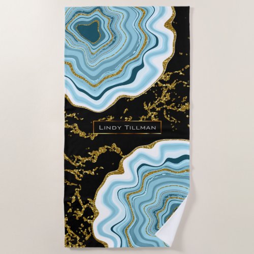 Teal Gold and Black Agate Geode Stone Design  Beach Towel