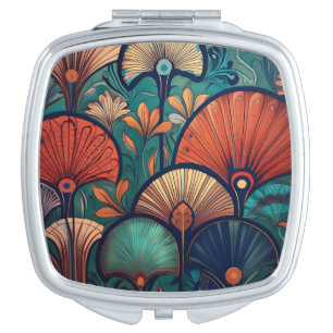Teal, Gold and Burnt Orange Art Deco Compact Mirror