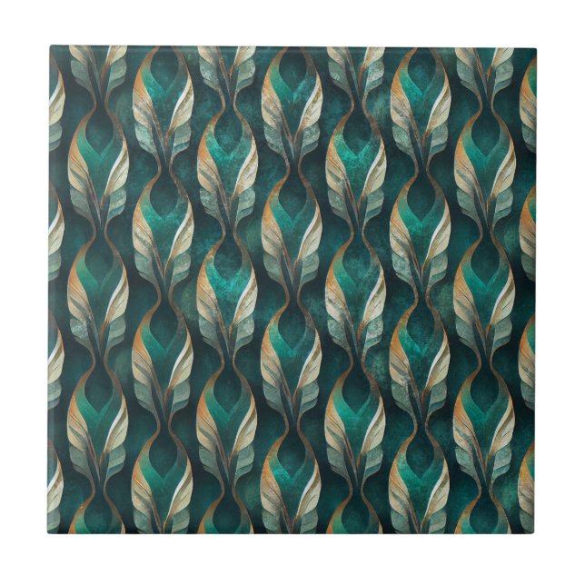 Teal & Gold Art Deco Geometric Pattern Design Ceramic Tile (Front)