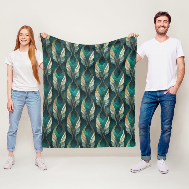 Teal & Gold Art Deco Geometric Pattern Design Fleece Blanket (In Situ)