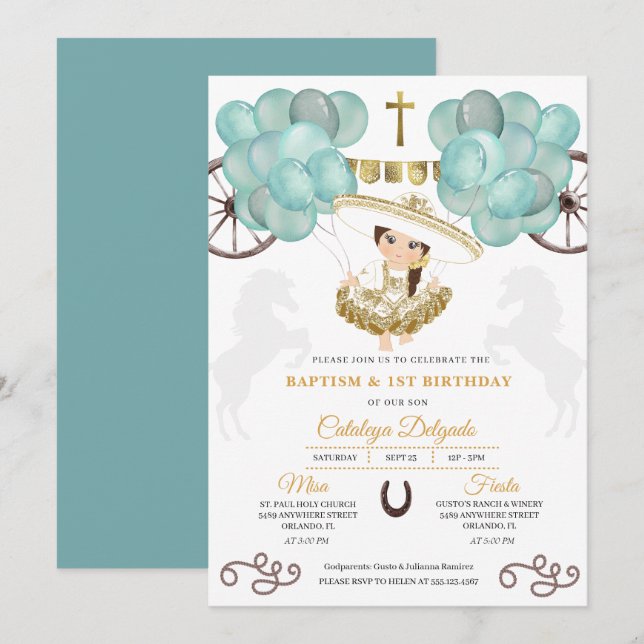 Teal & Gold Baby Charra Mexican Balloons Baptism Invitation (Front/Back)