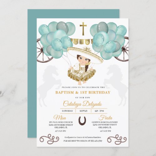 Teal  Gold Baby Charra Mexican Balloons Baptism Invitation