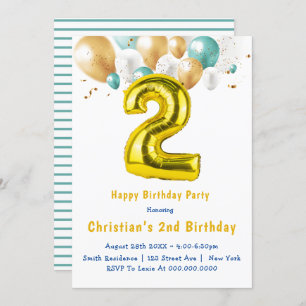 Teal Gold Balloons 2nd Birthday Invitations 