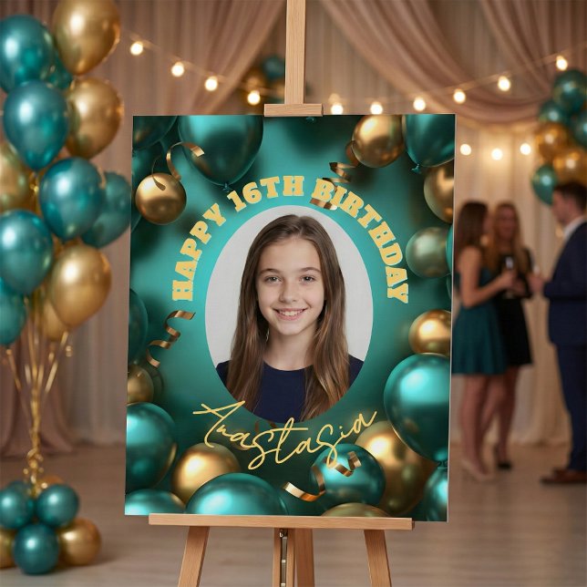Teal & Gold Balloons Photo Birthday Party Welcome Foam Board (Creator Uploaded)