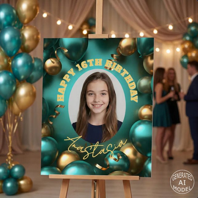 Teal & Gold Balloons Photo Birthday Party Welcome Foam Board (Creator Uploaded)