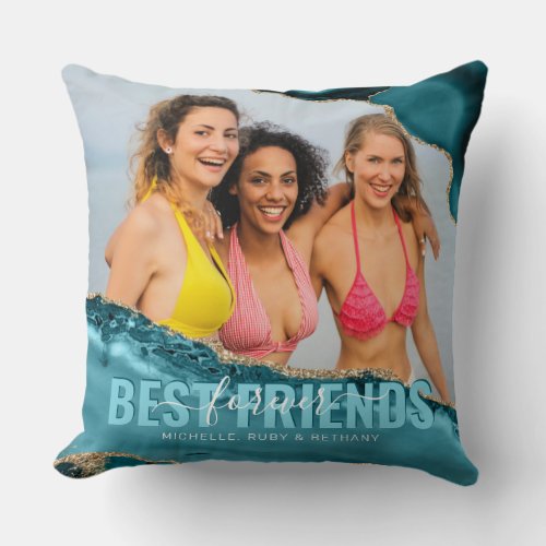 Teal Gold Best Friends BFF Photo Throw Pillow - Personalized friendship pillow featuring a photo of you and your besties, trendy teal agate edges with gold glitter accents, and your names.