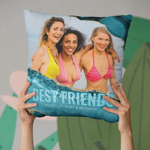 Teal Gold Best Friends BFF Photo Throw Pillow