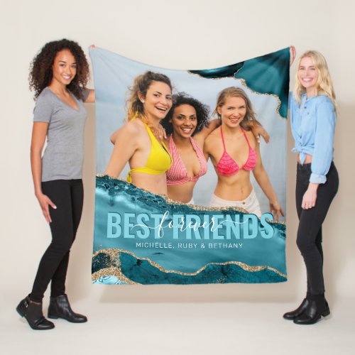 Teal Gold Best Friends Forever Photo Fleece Blanket - Friendship gift fleecy blanket featuring a photo of you and your besties, dark teal agate edges with gold glitter accents, and your names.