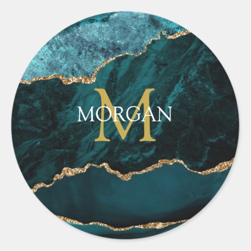 Teal Gold Black Agate Name  Monogram Gold White Classic Round Sticker