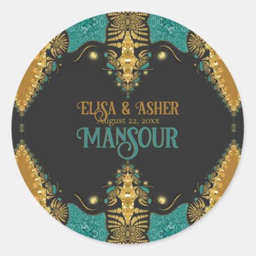 Teal Gold  Black Baroque Bohemian Tribal Beauty Classic Round Sticker