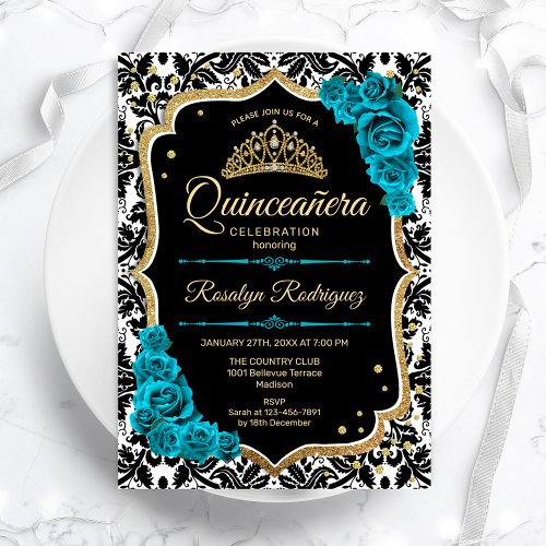 Teal Gold Black Damask Elegant Quinceanera Invitation