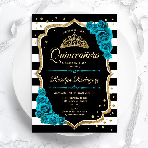 Teal Gold Black Elegant Quinceanera Invitation