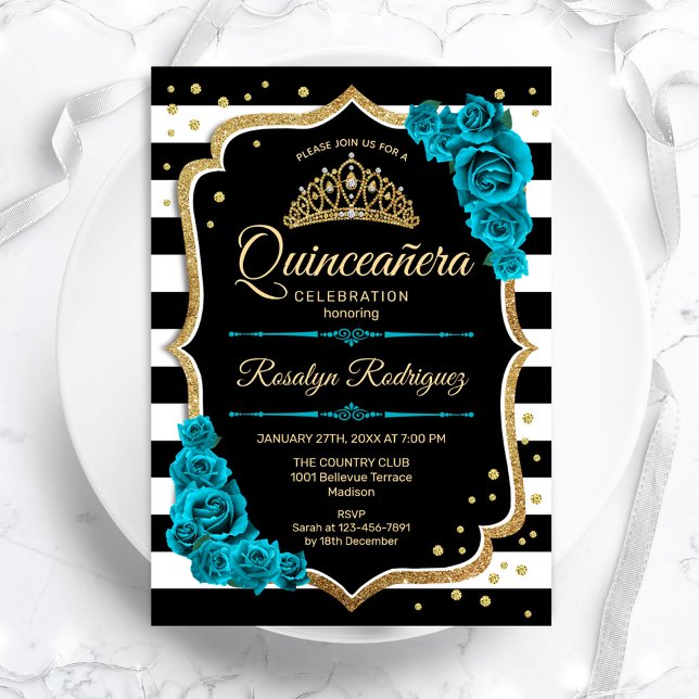Teal Gold Black Elegant Quinceanera Invitation (Creator Uploaded)