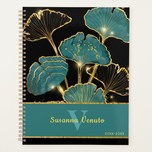 Teal Gold Black Ginkgo Leaf Botanical Art  Planner (Front)