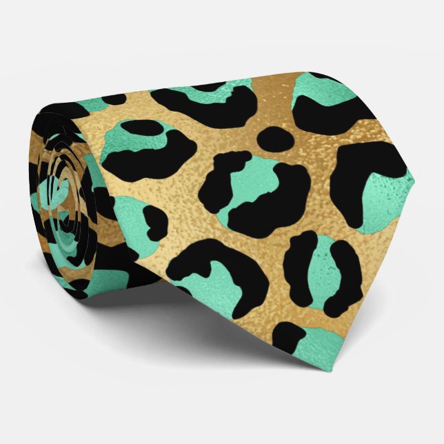 Teal gold black leopard print animal skin elegant neck tie (Rolled)
