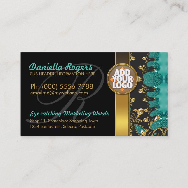 Teal Gold Black Pattern + Logo Dark Business Cards (Front)