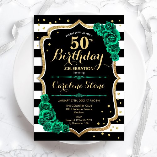 Teal Gold Black White Stripes Roses 50th Birthday Invitation