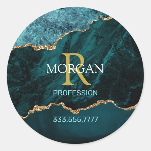 Teal Gold Blk Agate Name Monogram Profession Cell Classic Round Sticker