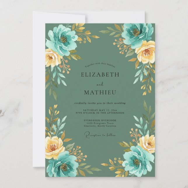 Teal Gold Blossom Wedding Invitation (Front)