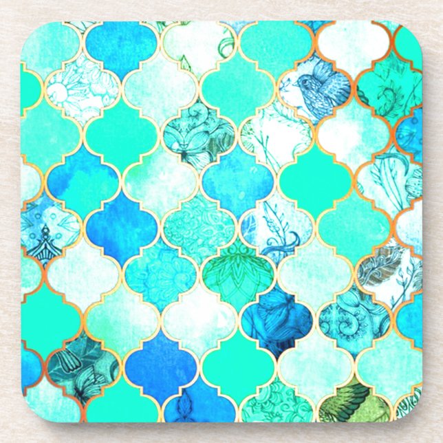 Teal, Gold, Blue Green Mermaid Pattern Beverage Coaster (Front)