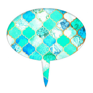 Teal, Gold, Blue Green Mermaid Pattern Cake Topper
